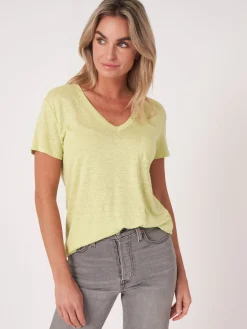 Basic-T-Shirt Mit V-Ausschnitt Und Brusttasche Aus Reinem Leinen