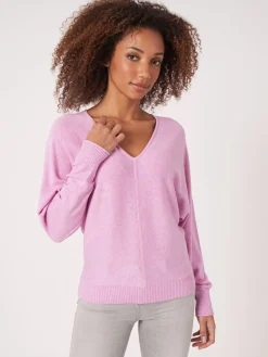 Batwing-Pullover Aus Baumwollmischung Mit V-Ausschnitt