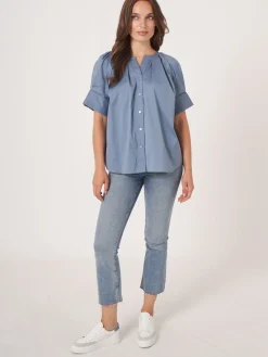 Bluse Aus Baumwollmischung Mit Aufgeschlagenen Raglan-Puffarmeln