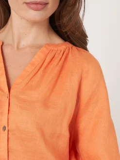 Geknopfte Leinenbluse Mit Puffarmeln
