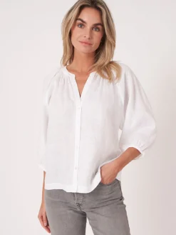 Geknopfte Leinenbluse Mit Puffarmeln