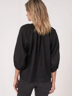 Geknopfte Leinenbluse Mit Puffarmeln