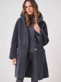 Langer Wendbarer Faux Shearling Mäntel Mit Kapuze