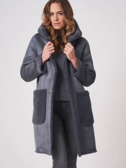 Langer Wendbarer Faux Shearling Mäntel Mit Kapuze