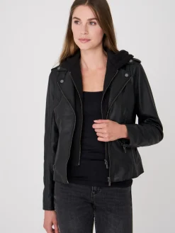 Leder-Bikerjacke Mit Kapuze