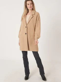 Mittellange Rippstrick-Cardigan Mit Revers Kragen