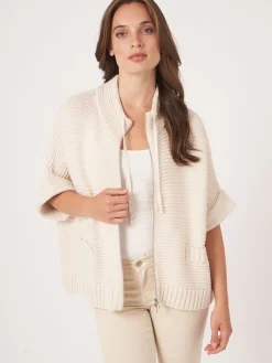 Poncho Aus Baumwollstrick Mit Reisverschluss Und Größer Rippenstruktur