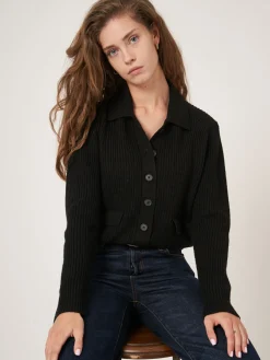 Rippenstrickjacke Mit Polokragen Aus Merinowolle