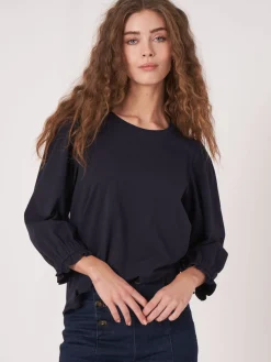 T-Shirt Mit 3/4-Armeln Mit Elastischem Bundchen Und Rusche
